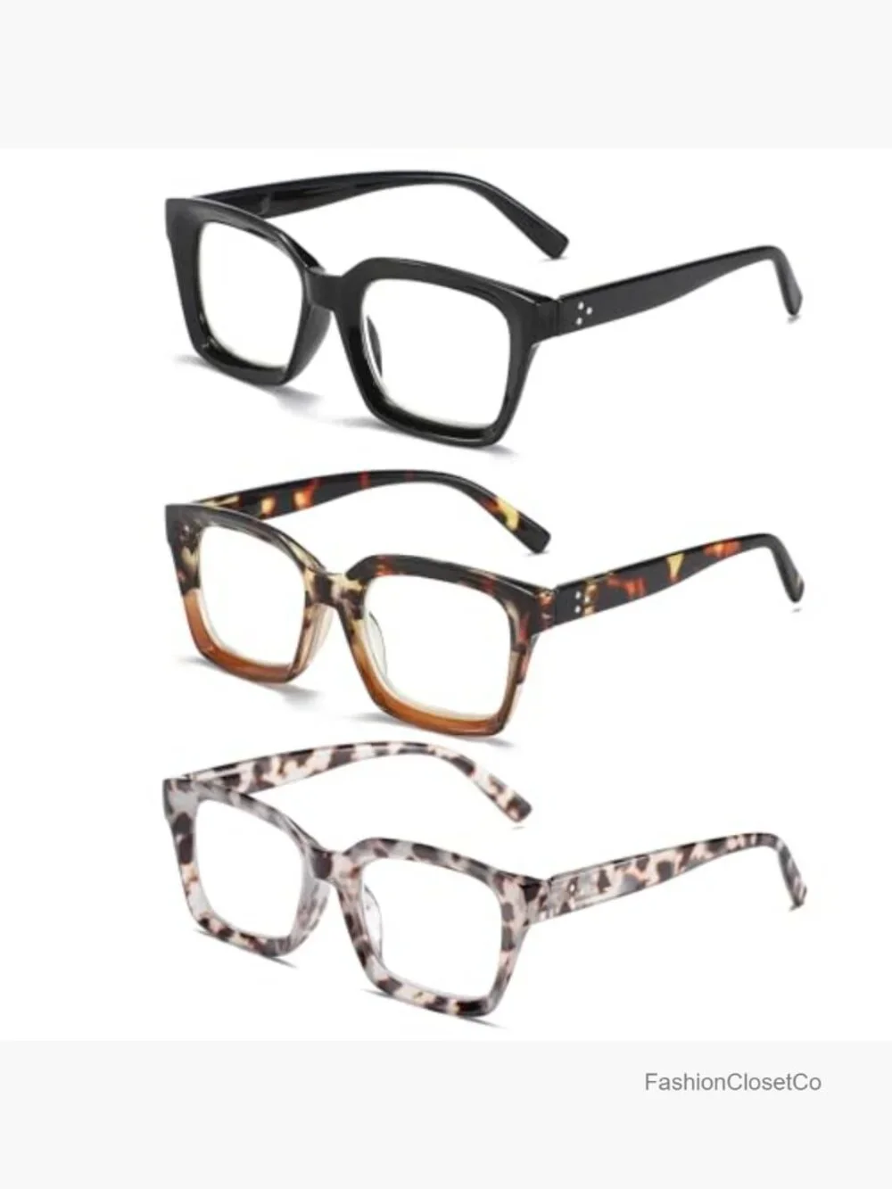 Fashion Square Reading Glasses with Spring Hinge Blue Light Blocking 3-Pack
